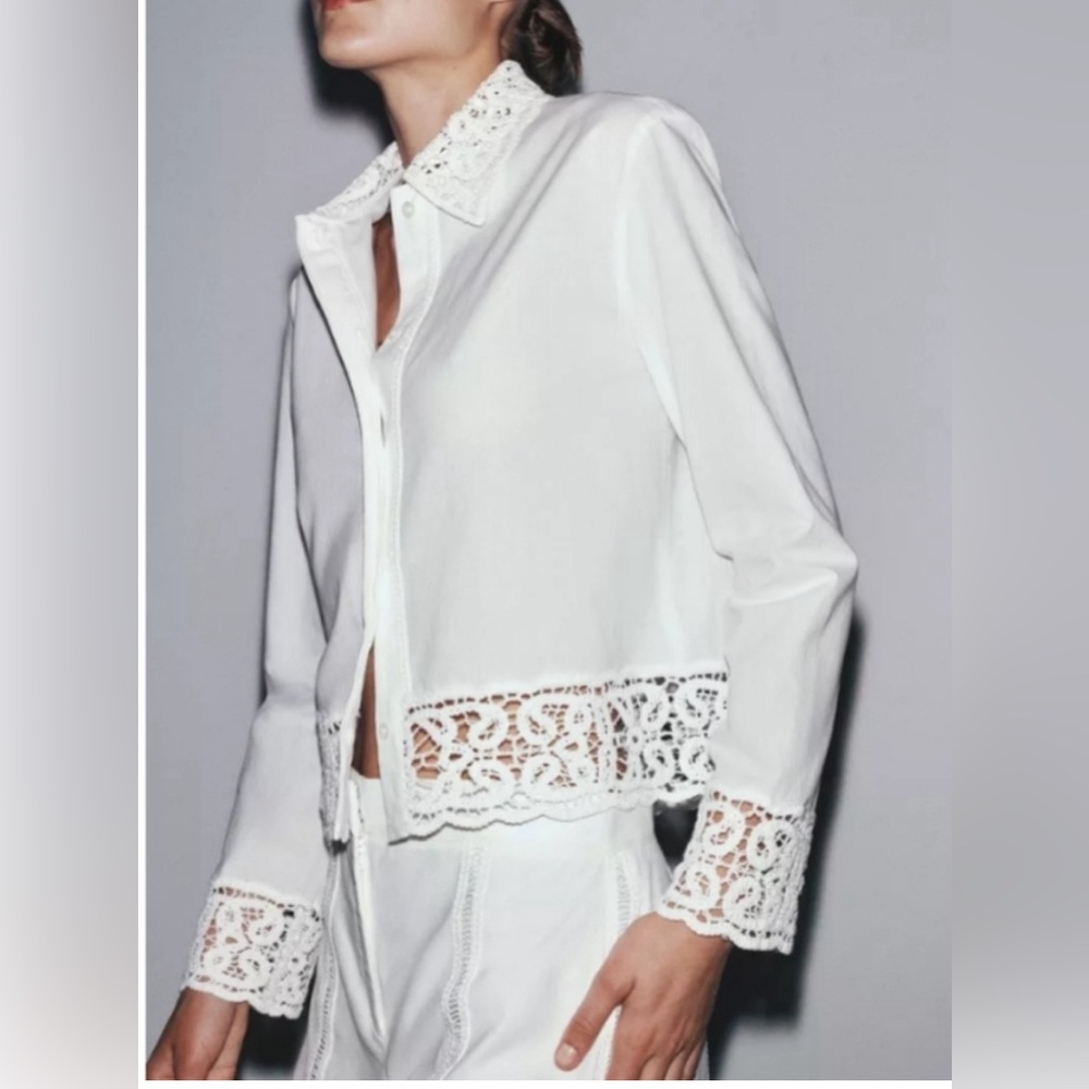 NWT Zara ZWCollection Crochet Lace Trim Shirt Medium Long Sleeve Blouse Top